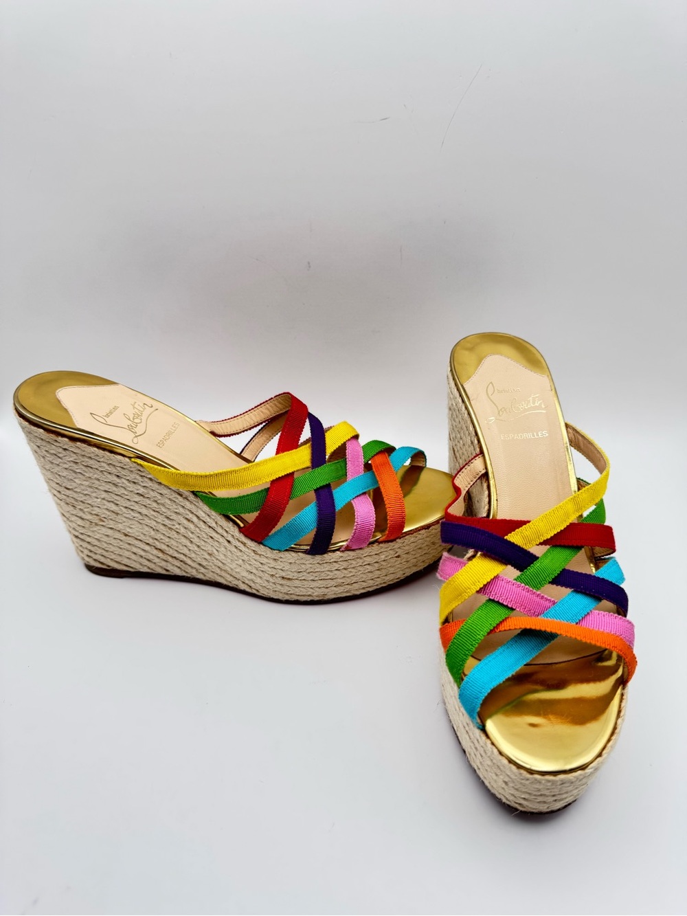 Christian Louboutin Cataribbon Multicolor Rainbow Espadrille Wedges Size 37
